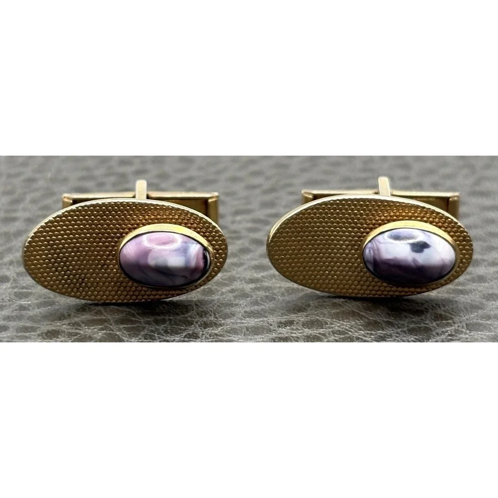Vintage Oval Textured Purple Swirl Cufflinks Pat Pend Modernist Abstract